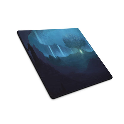 Blue fantasy landscape gaming mouse pad with glowing trees and light beams