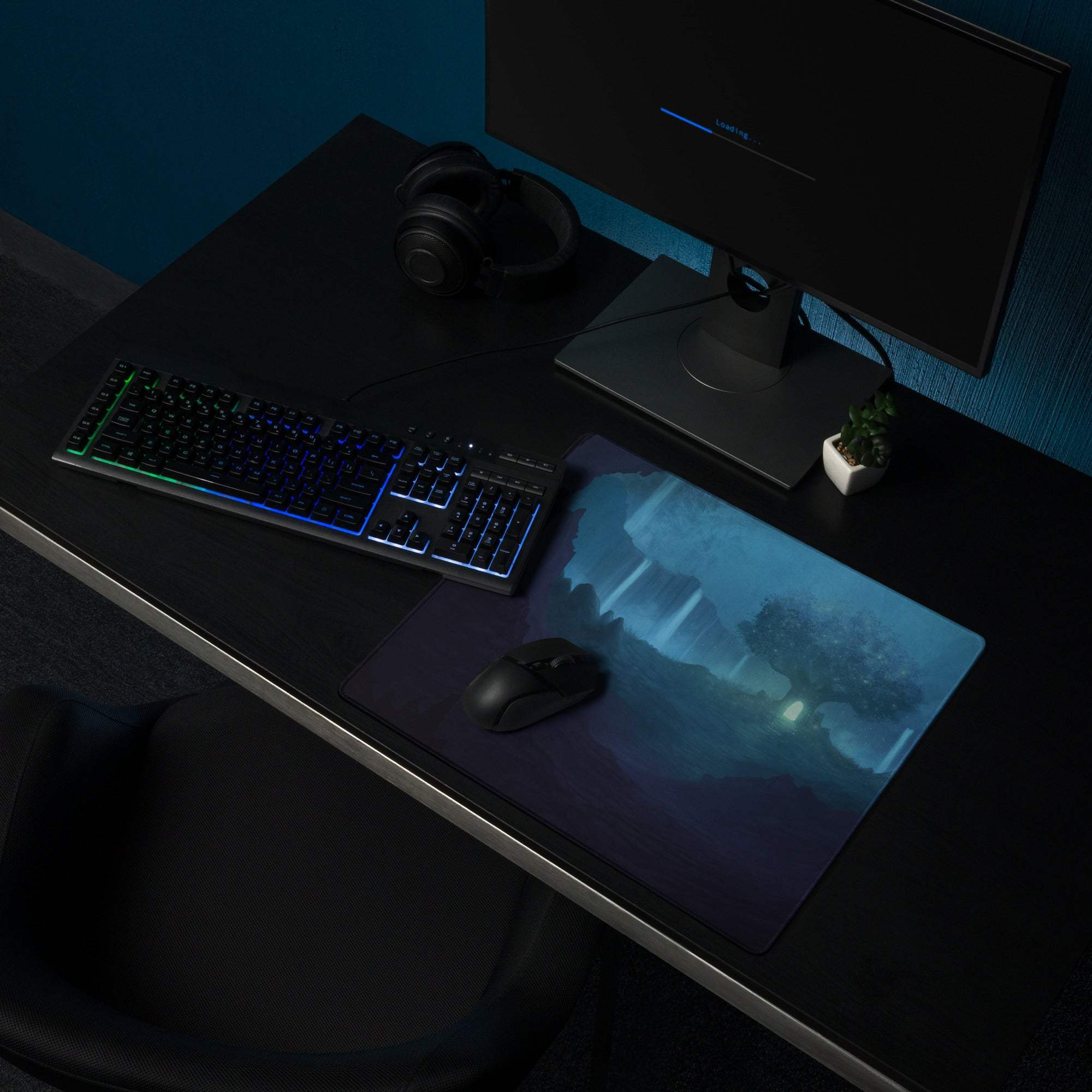 Blue fantasy landscape gaming mouse pad with large size, edge stitching, non-slip base