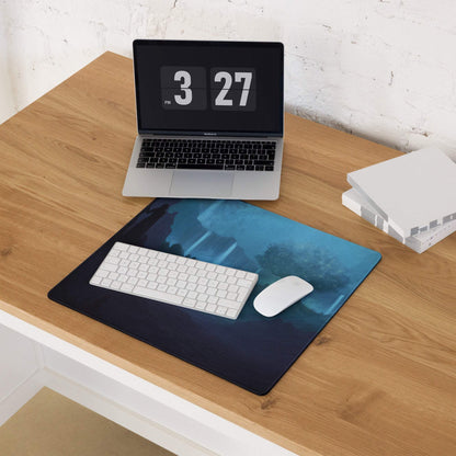 Blue fantasy landscape gaming mouse pad with gradient navy to teal design