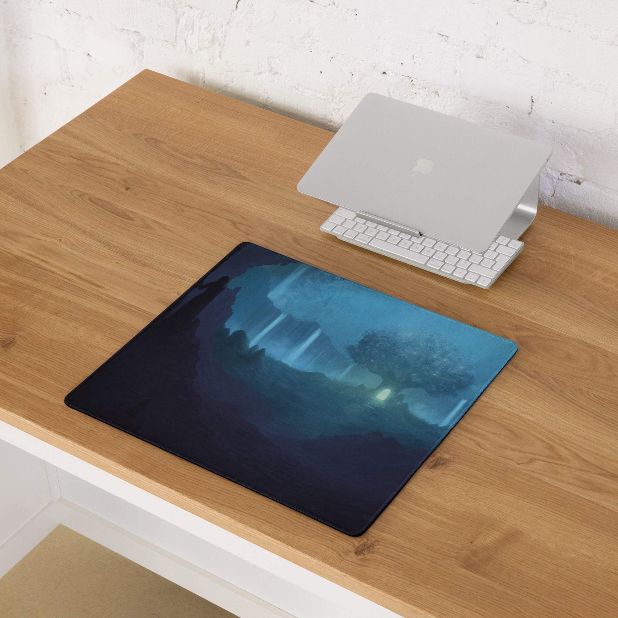 Blue fantasy landscape gaming mouse pad with large size, edge stitching, non-slip base