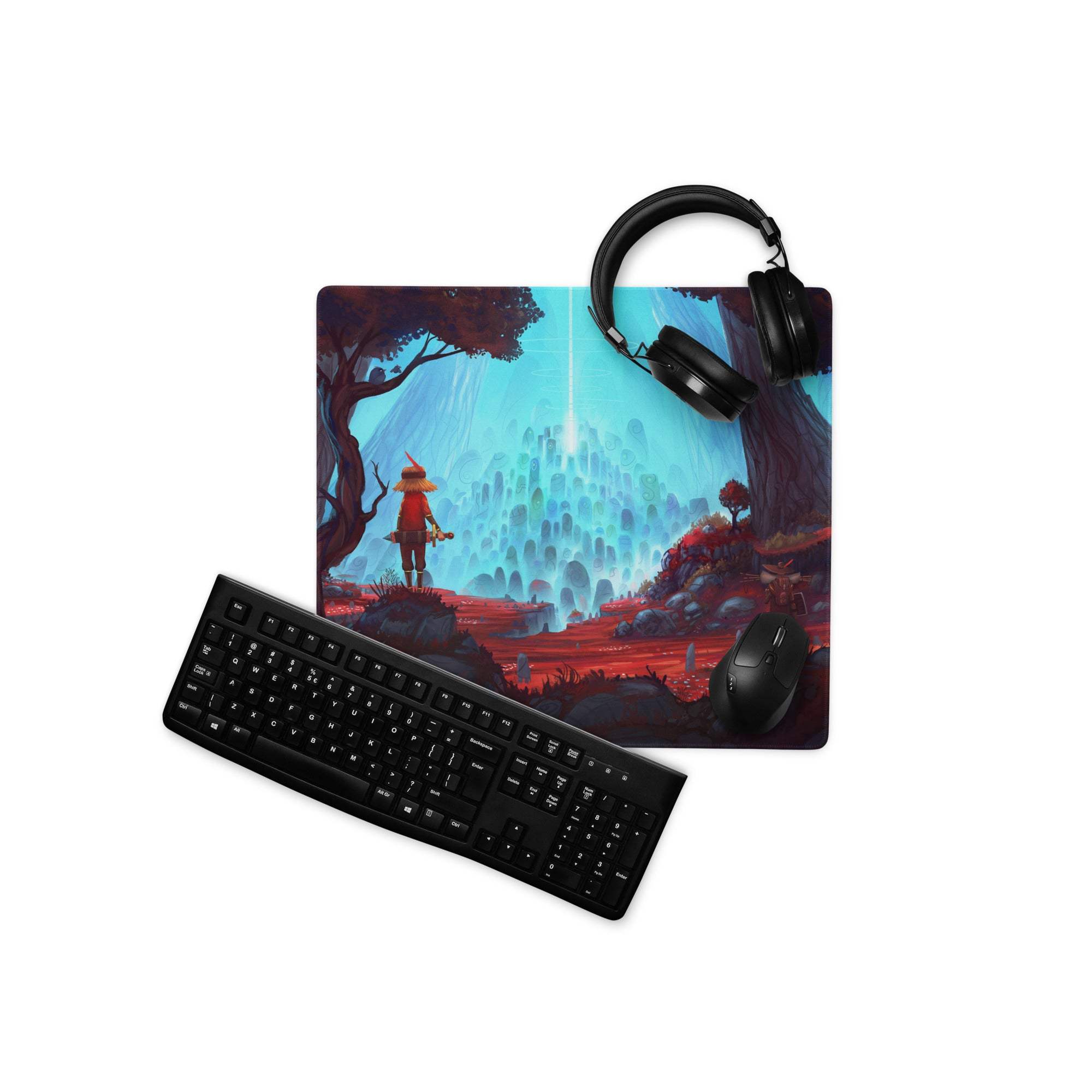 Epic fantasy gaming mousepad with glowing blue spires, non-slip base