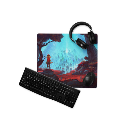 Epic fantasy gaming mousepad with glowing blue spires, non-slip base