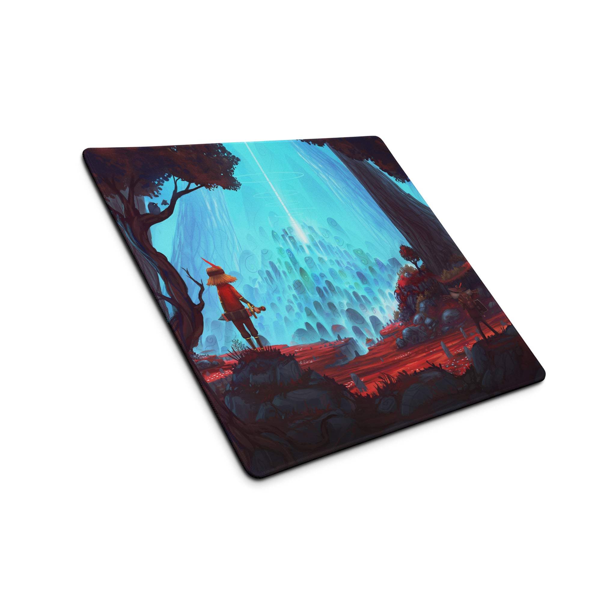 Epic fantasy gaming mousepad with red figure before glowing blue waterfall