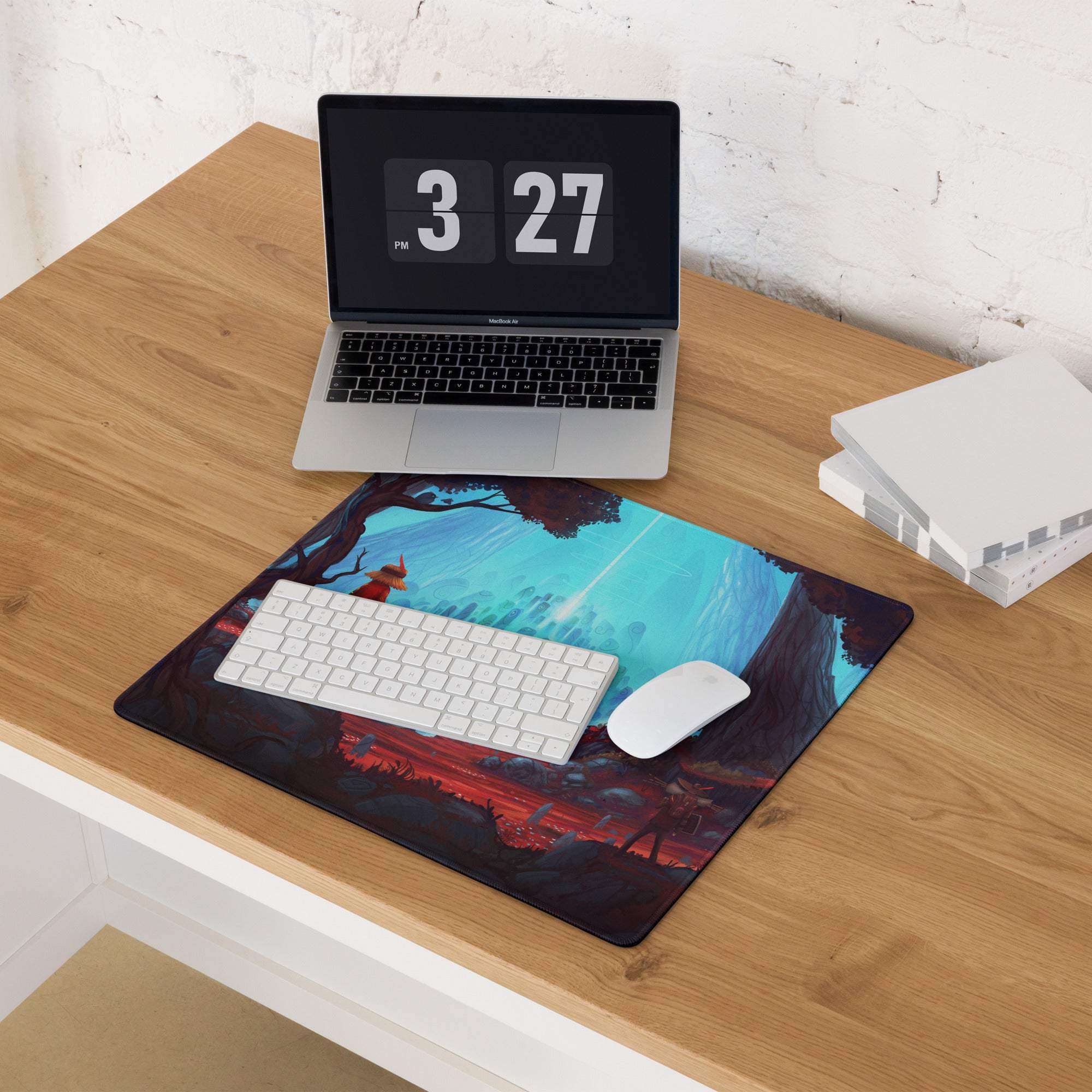 Epic fantasy landscape gaming mousepad with glowing blue sky, fiery red ground, dark tree silhouettes, large size, non-slip base for Dota CSGO esports