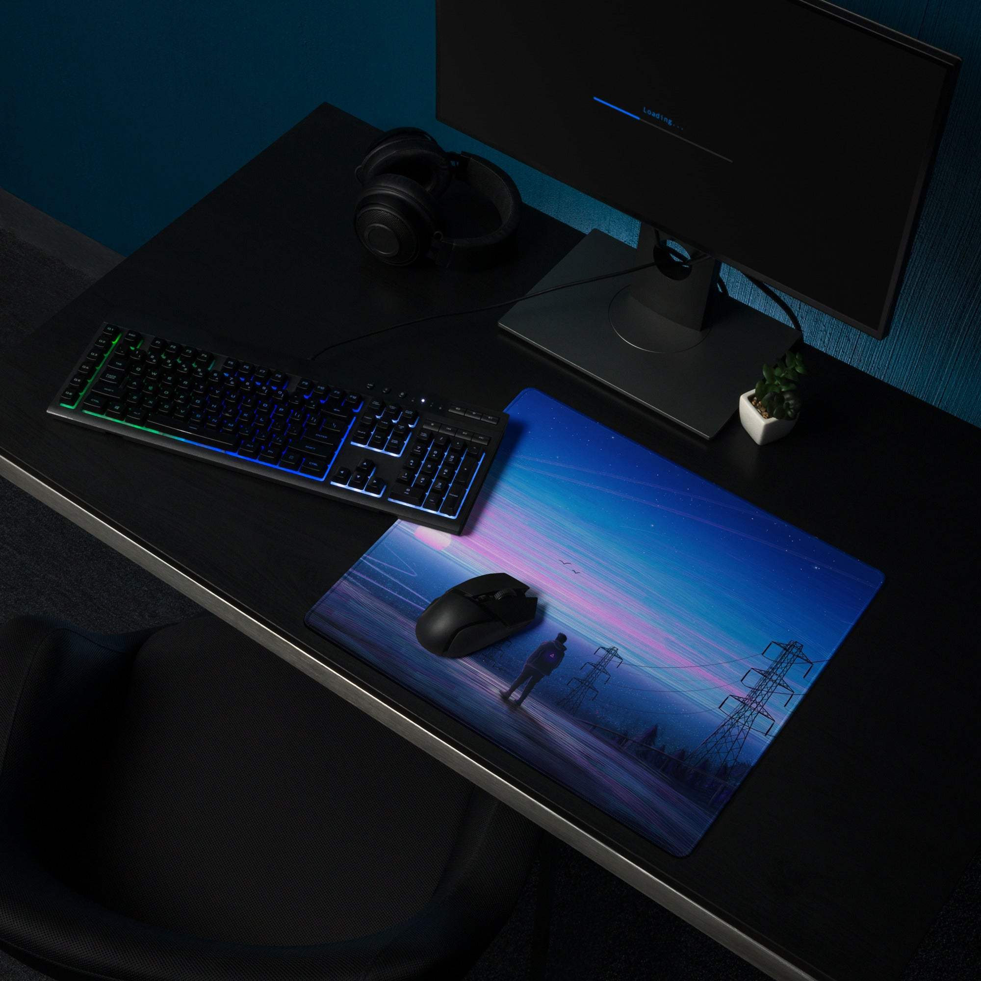 Twilight Horizon gaming mouse pad with lone figure on power line artwork