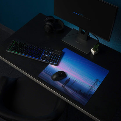 Twilight Horizon gaming mouse pad with lone figure on power line artwork