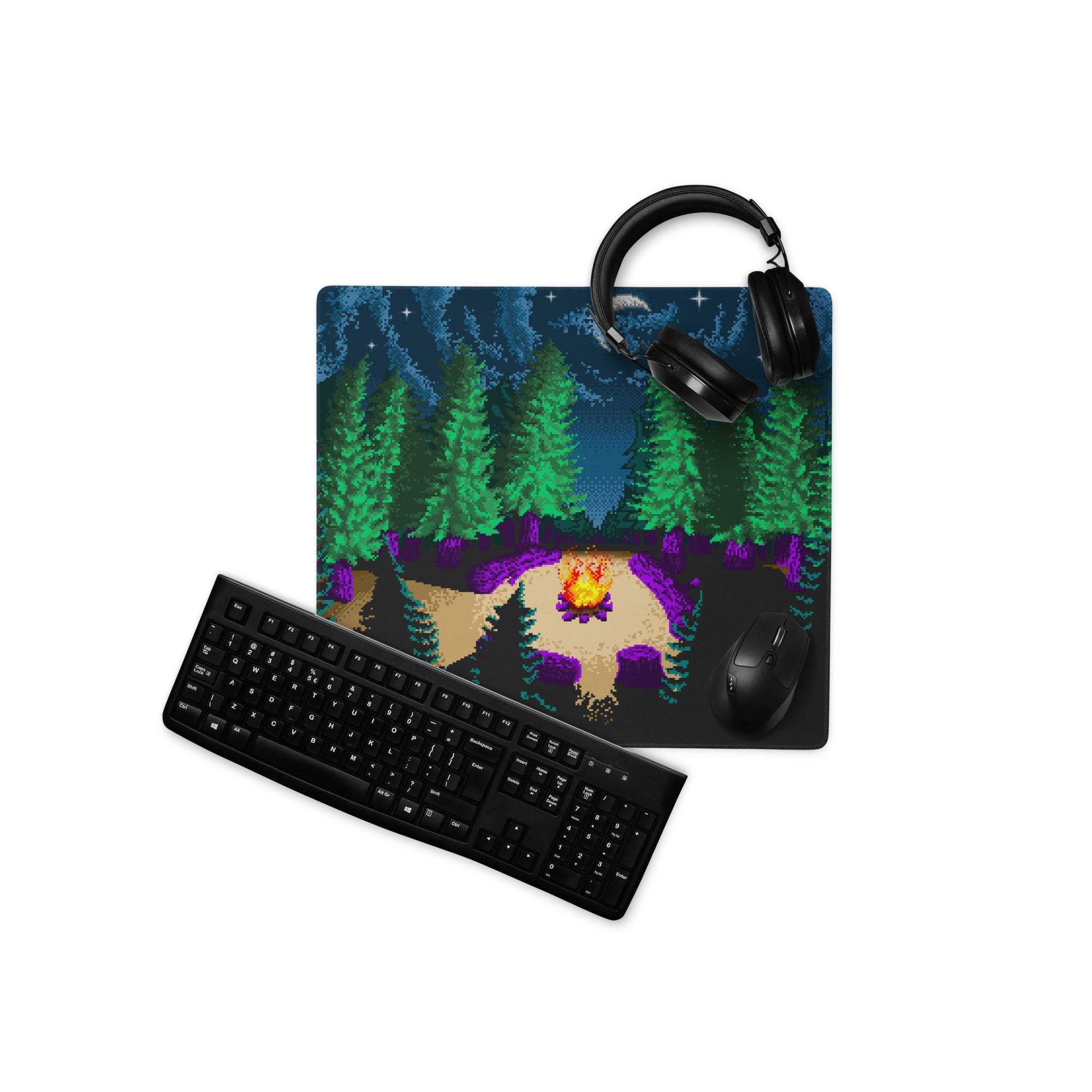 Pixel art forest campsite mousepad with glowing fire starry night sky