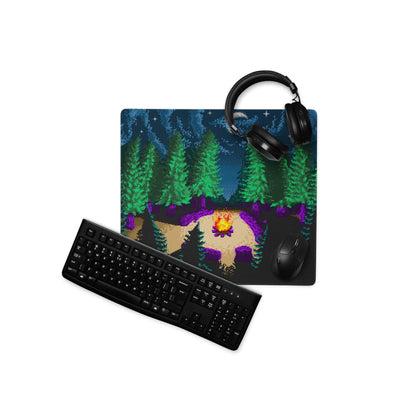 Pixel art forest campsite mousepad with glowing fire starry night sky