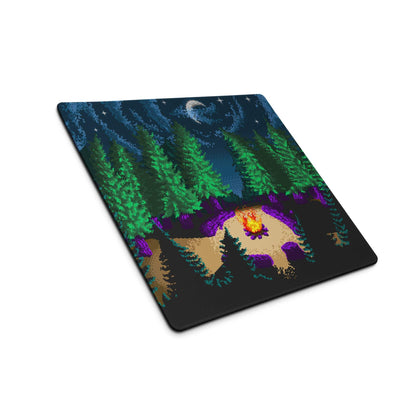 Night Forest pixel art gaming mouse pad with glowing campfire and starry sky