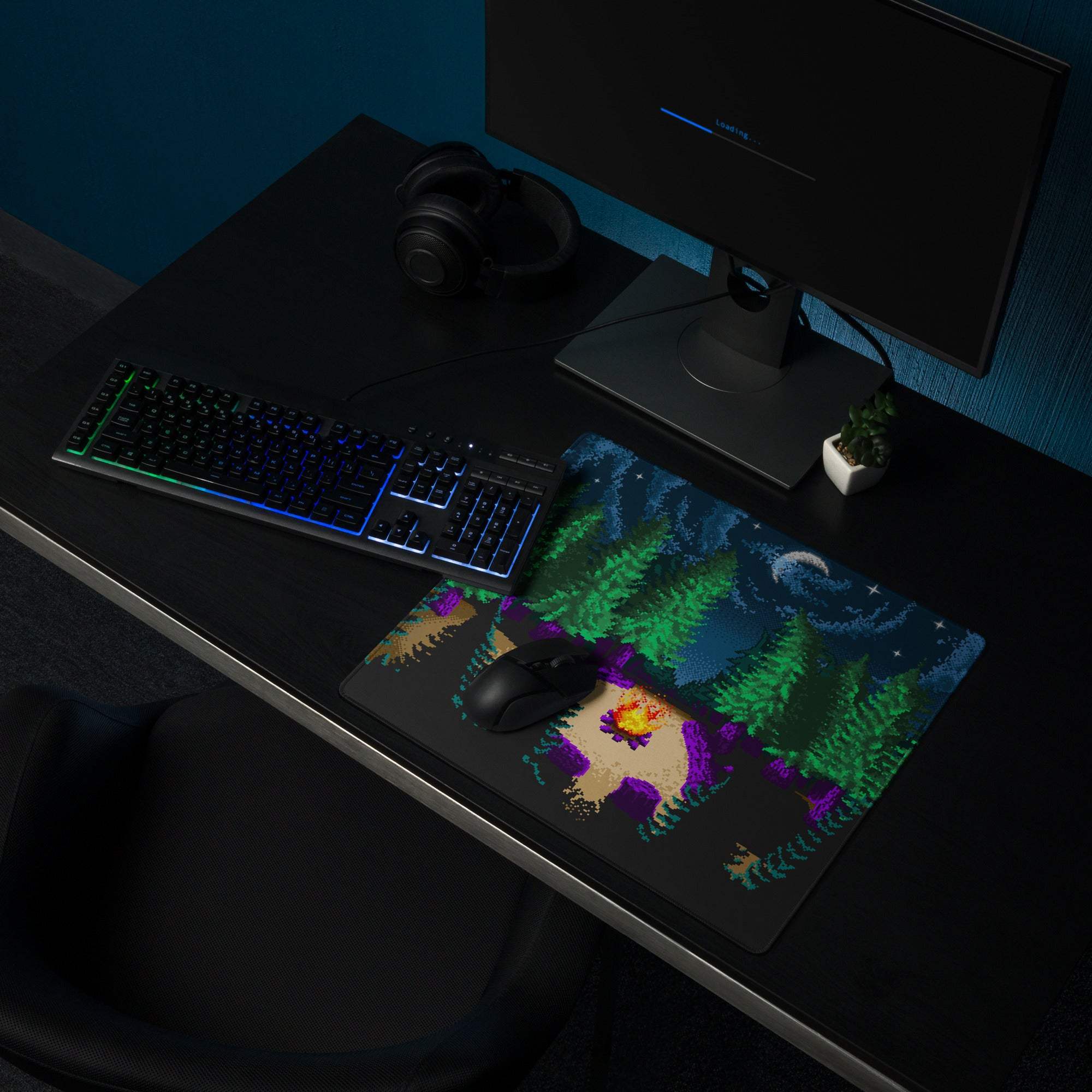 Night Forest Pixel Art gaming mouse pad with forest scene, non-slip base
