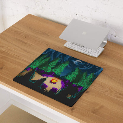Night Forest Pixel Art large gaming mouse pad with campfire design