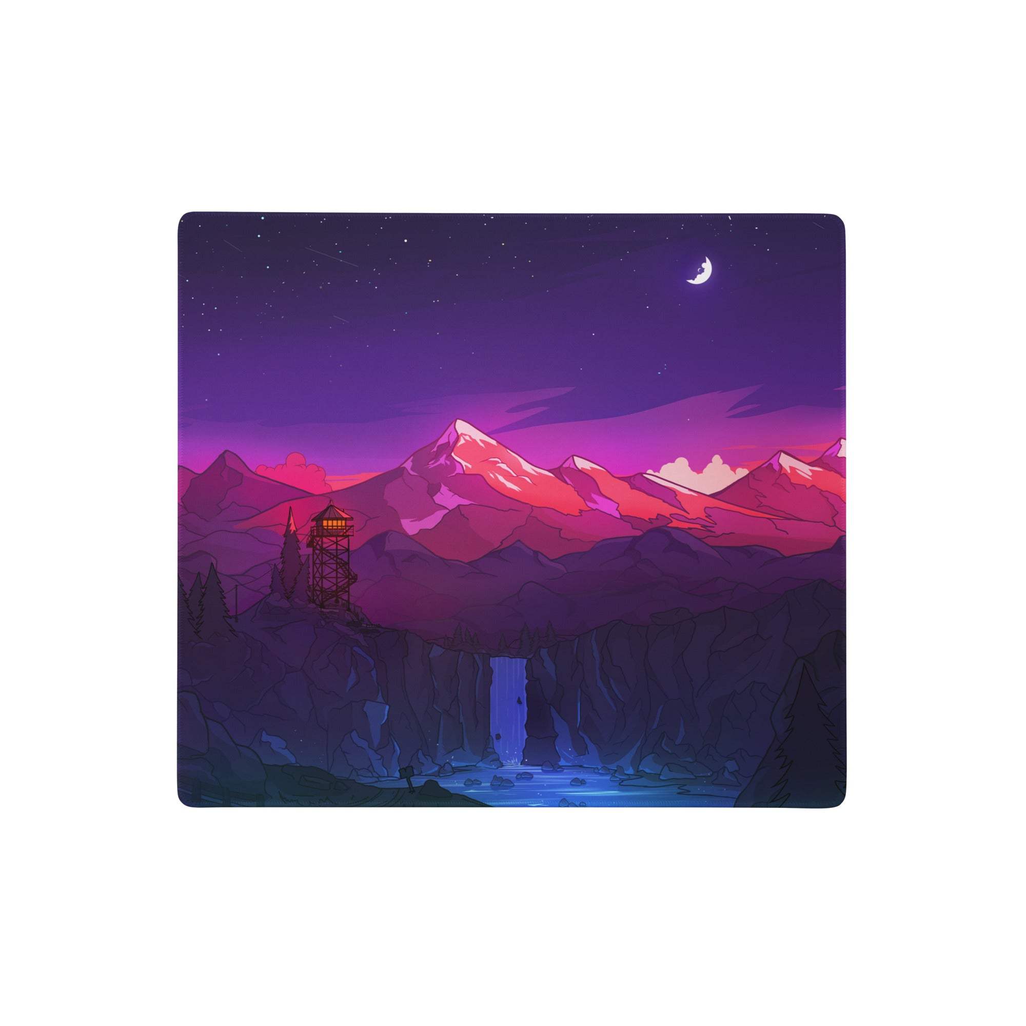 Purple and pink mountain landscape gaming mouse pad with crescent moon stars and wooden tower modern desk art design