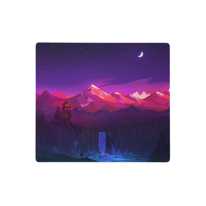 Purple and pink mountain landscape gaming mouse pad with crescent moon stars and wooden tower modern desk art design