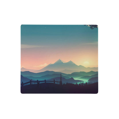 Rectangular serene sunset mountain mouse pad with teal peach gradient sky and silhouetted hills for modern gaming desk use
