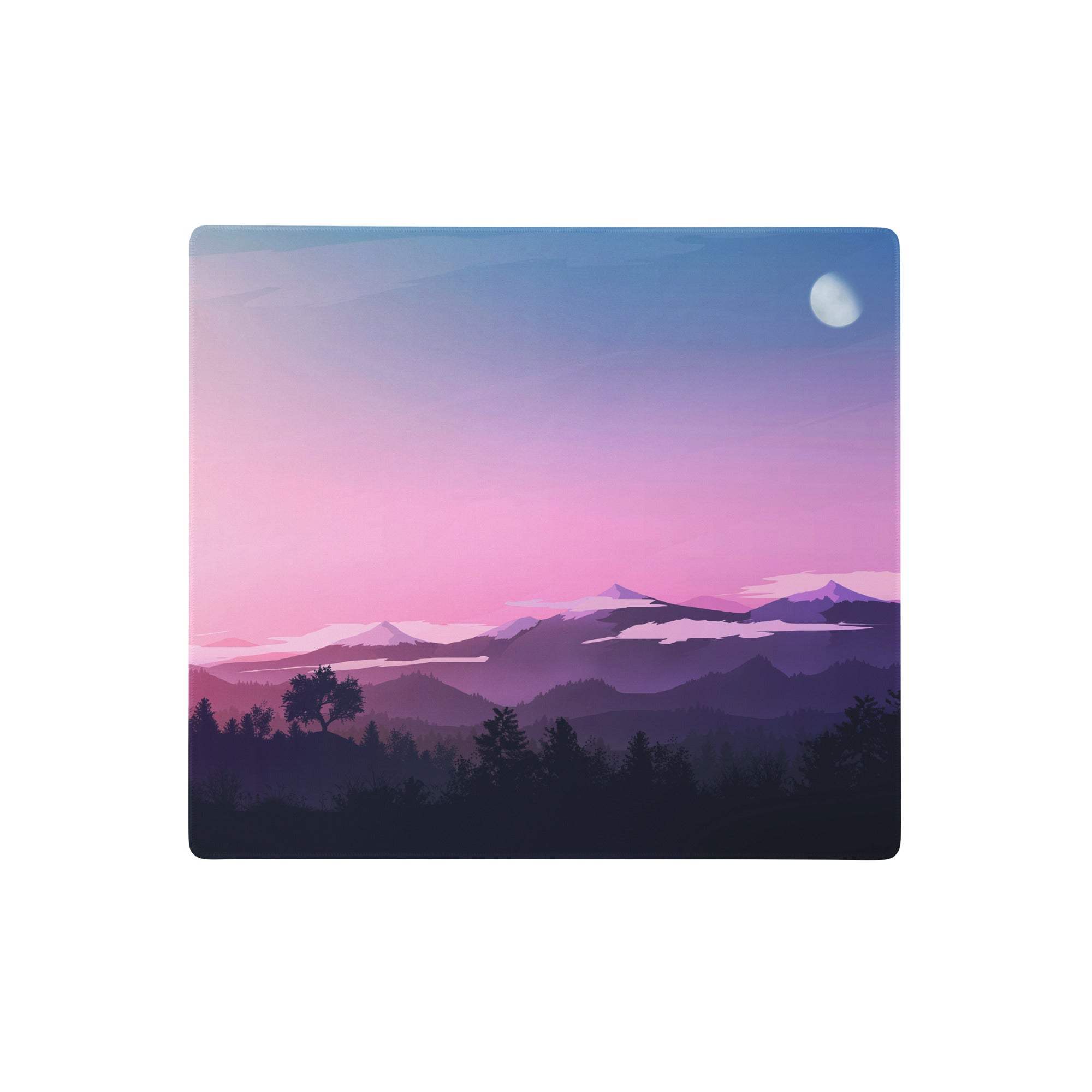 Pastel mountain sunset mouse pad featuring a square landscape design with pink to blue gradient sky and silhouetted mountains