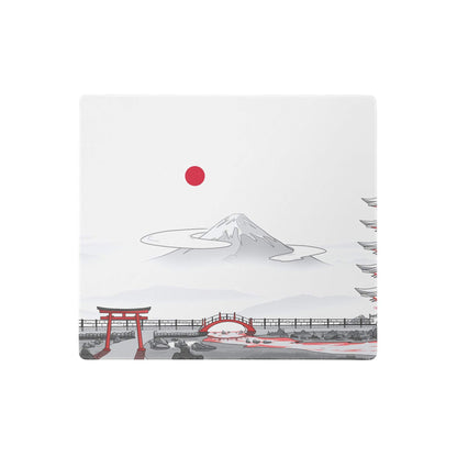 White square mouse pad with minimalist mount fuji, red torii gate, japanese bridge, and rising red sun design