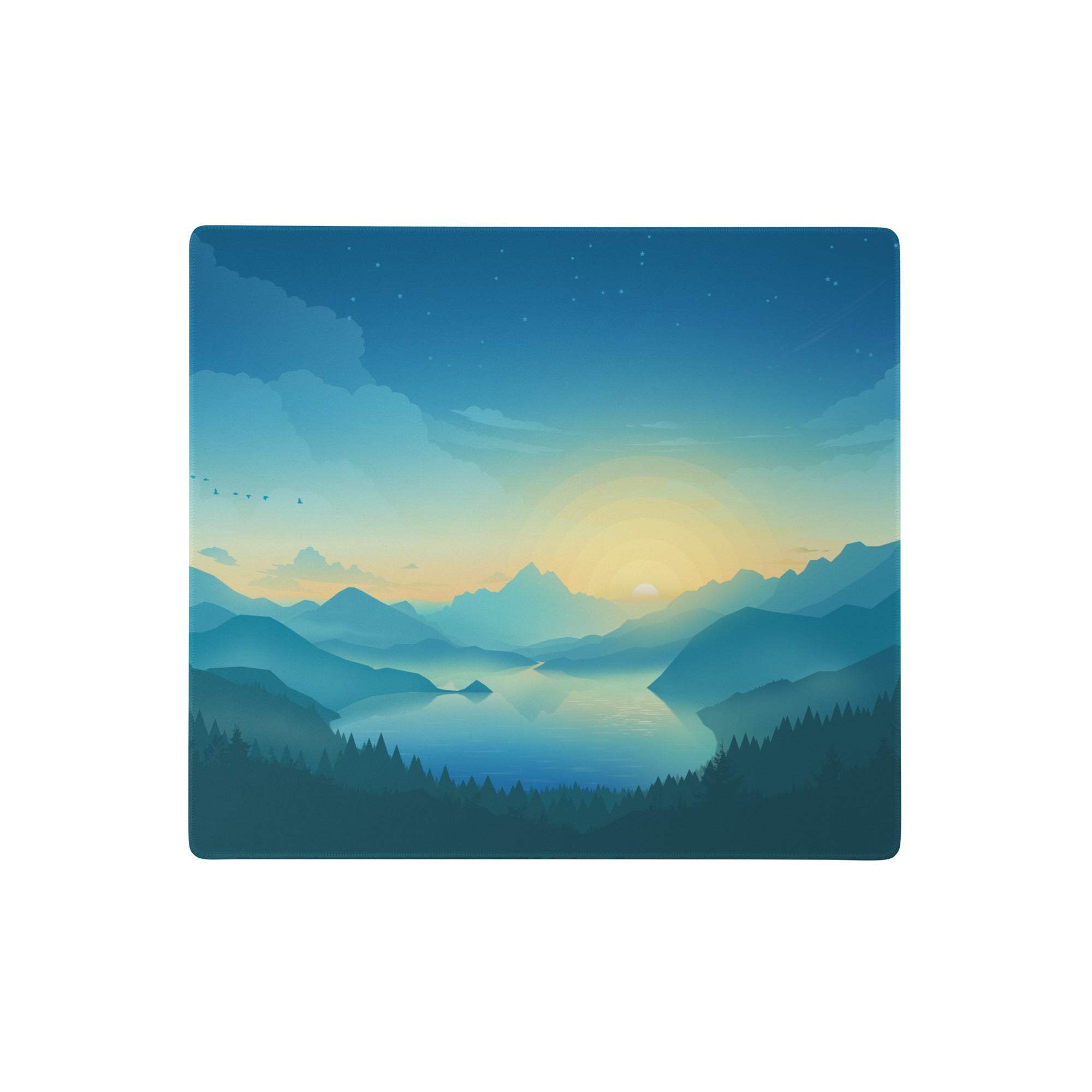 Rectangular dream mountain sunrise mousepad with serene layered peaks lake reflections and blue to yellow gradient sky