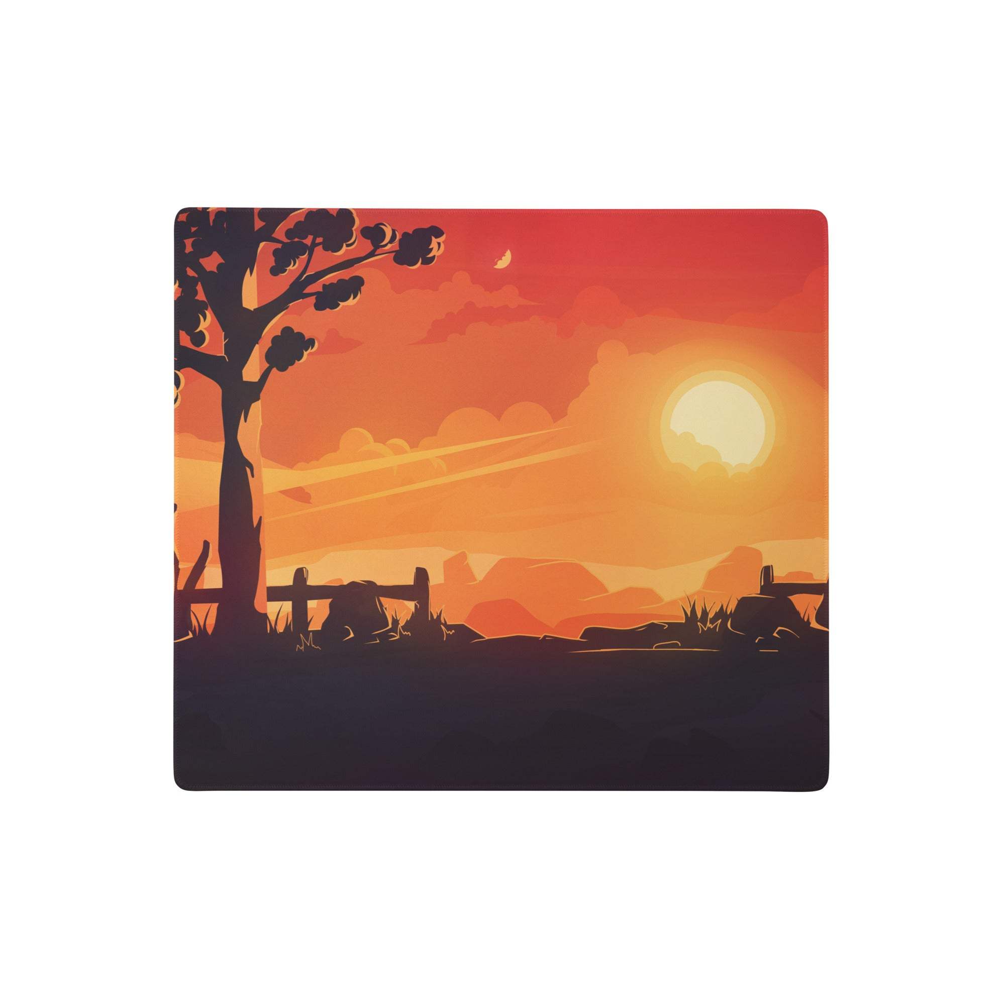 Rectangular pro gaming mouse pad with stylized sunset in orange and red tones featuring tree and fence silhouette