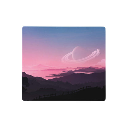 Pink sunset landscape gaming mousepad featuring saturn illustration with pink purple gradient and mountain silhouettes