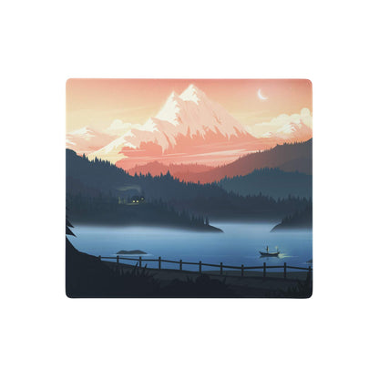 Square mousepad with serene mountain lake landscape featuring pink sunset skies and a crescent moon above