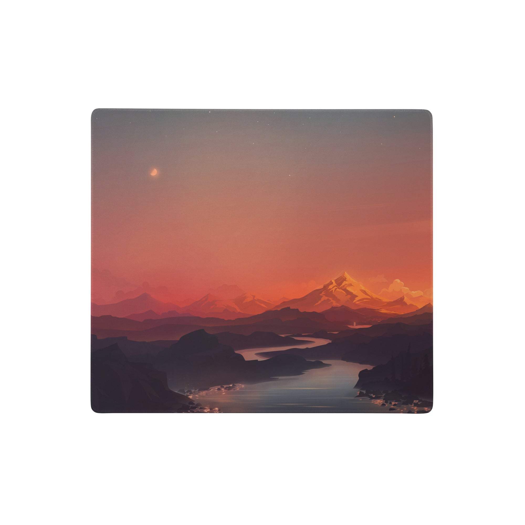 Sunset mountain landscape mouse pad with vivid orange and pink sunset over snow-capped mountains and river