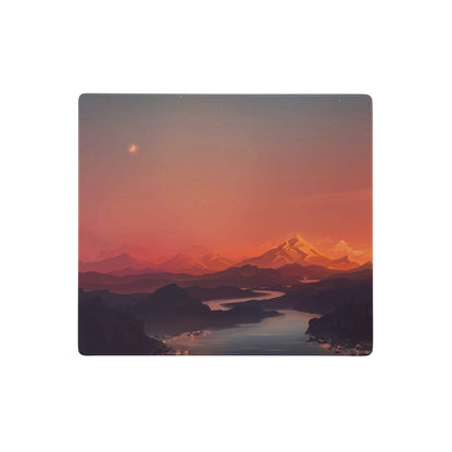 Sunset mountain landscape mouse pad with vivid orange and pink sunset over snow-capped mountains and river