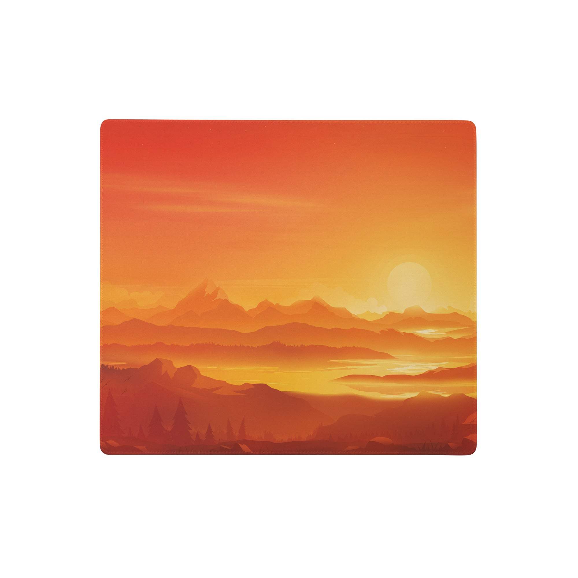 Sunset mountain landscape mouse pad with orange layered mountain silhouettes and glowing sun for minimalist desk setup