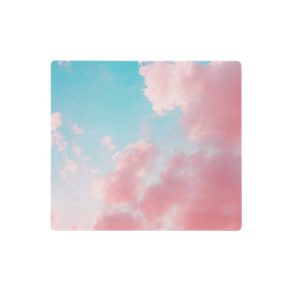 Pastel sky mouse pad with smooth rectangular surface featuring pink and blue fluffy clouds for calming desk setup