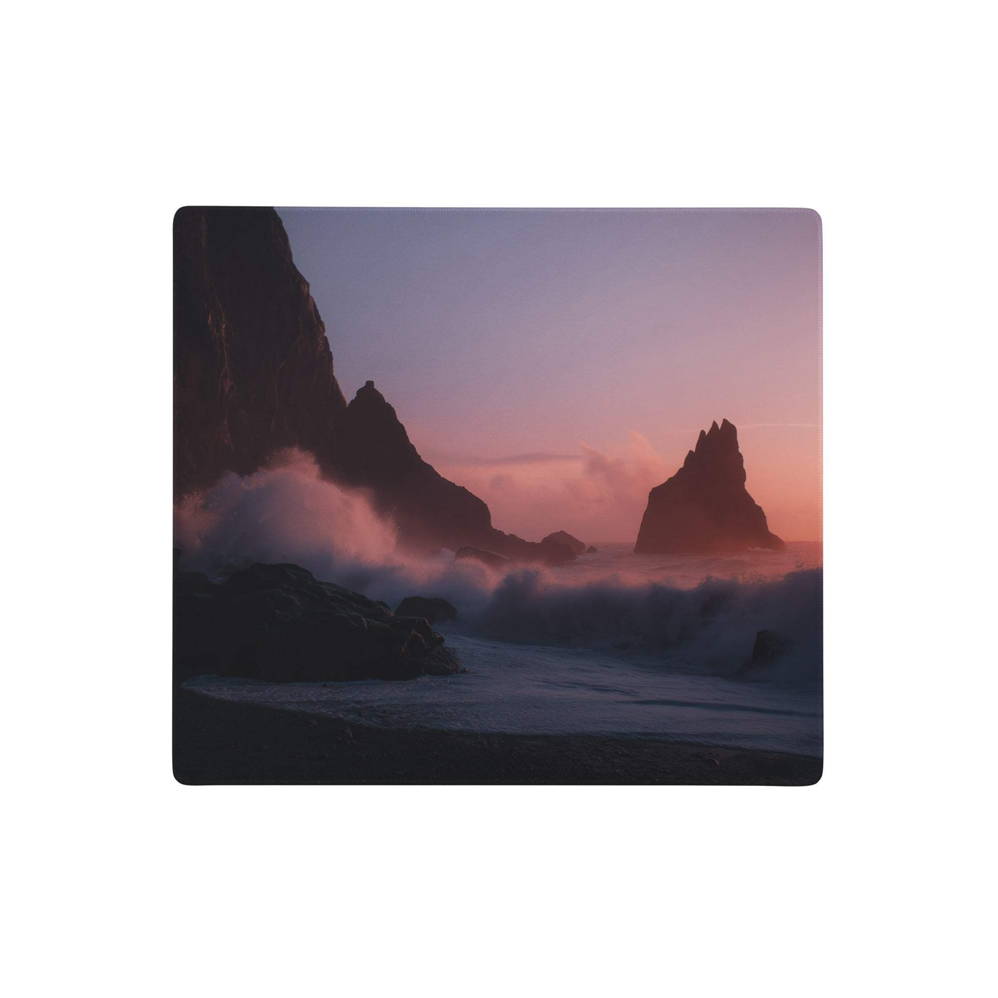Sunset ocean pro desk mouse pad with vivid purple orange sunset and silhouetted coastal cliffs on rectangular surface
