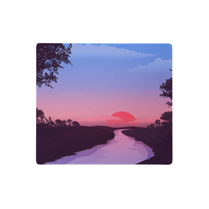 Dreamy sunset landscape mouse pad with purple and pink gradient sky, winding river, silhouetted trees for gaming