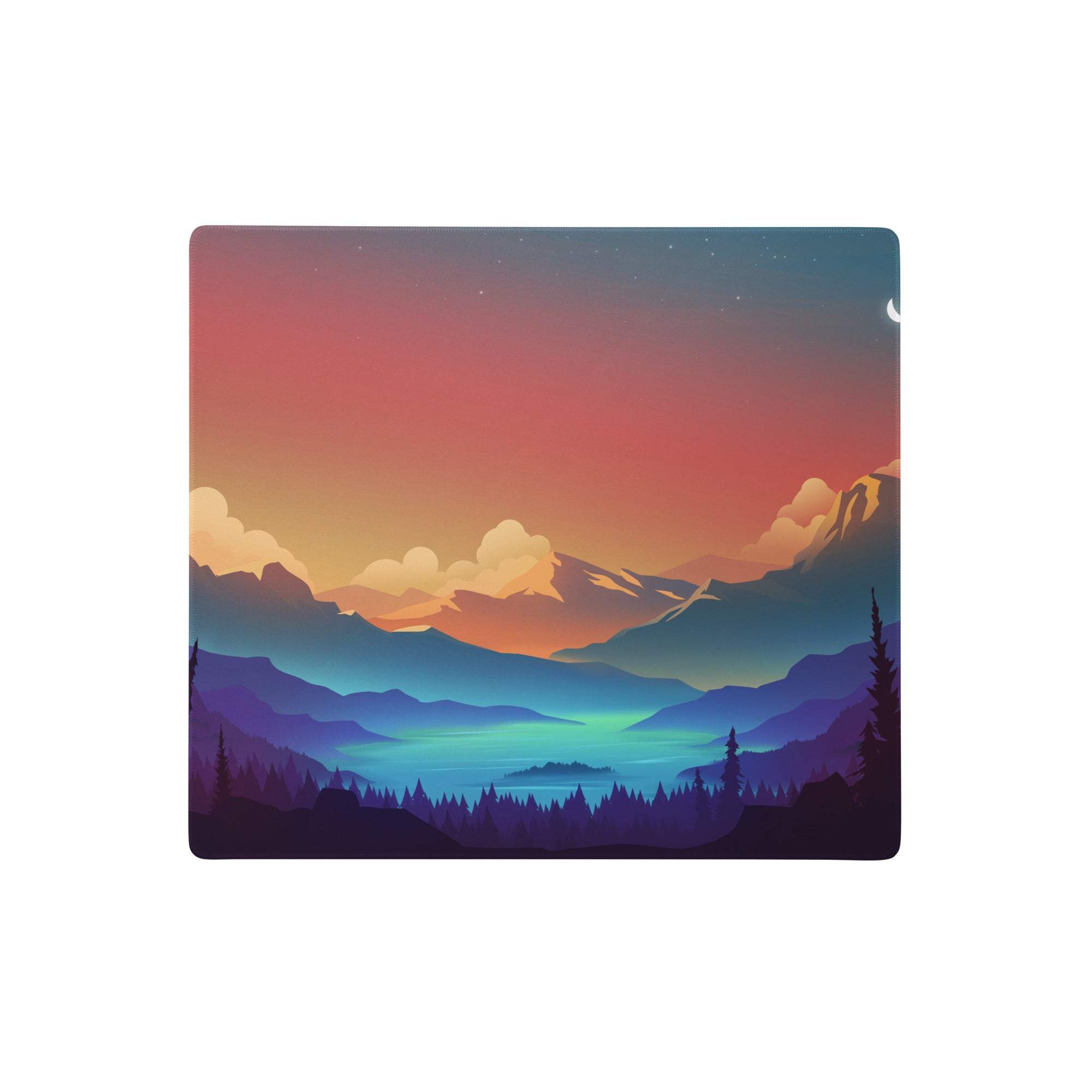 Sunset mountain gaming mouse pad with vibrant stylized orange blue mountain landscape on smooth desk pad surface