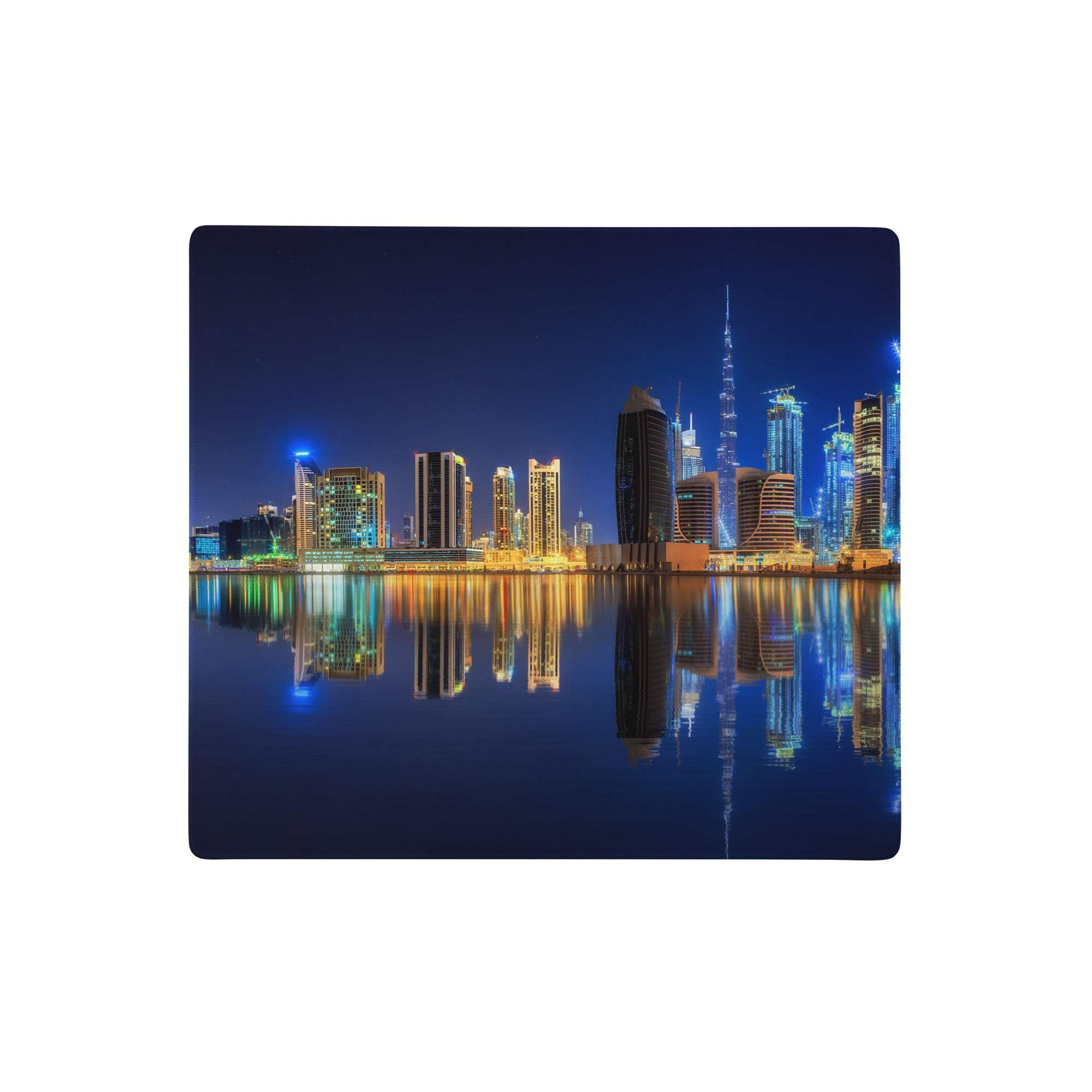 Rectangular blue gaming mouse pad featuring vibrant dubai night skyline with illuminated skyscrapers and reflections