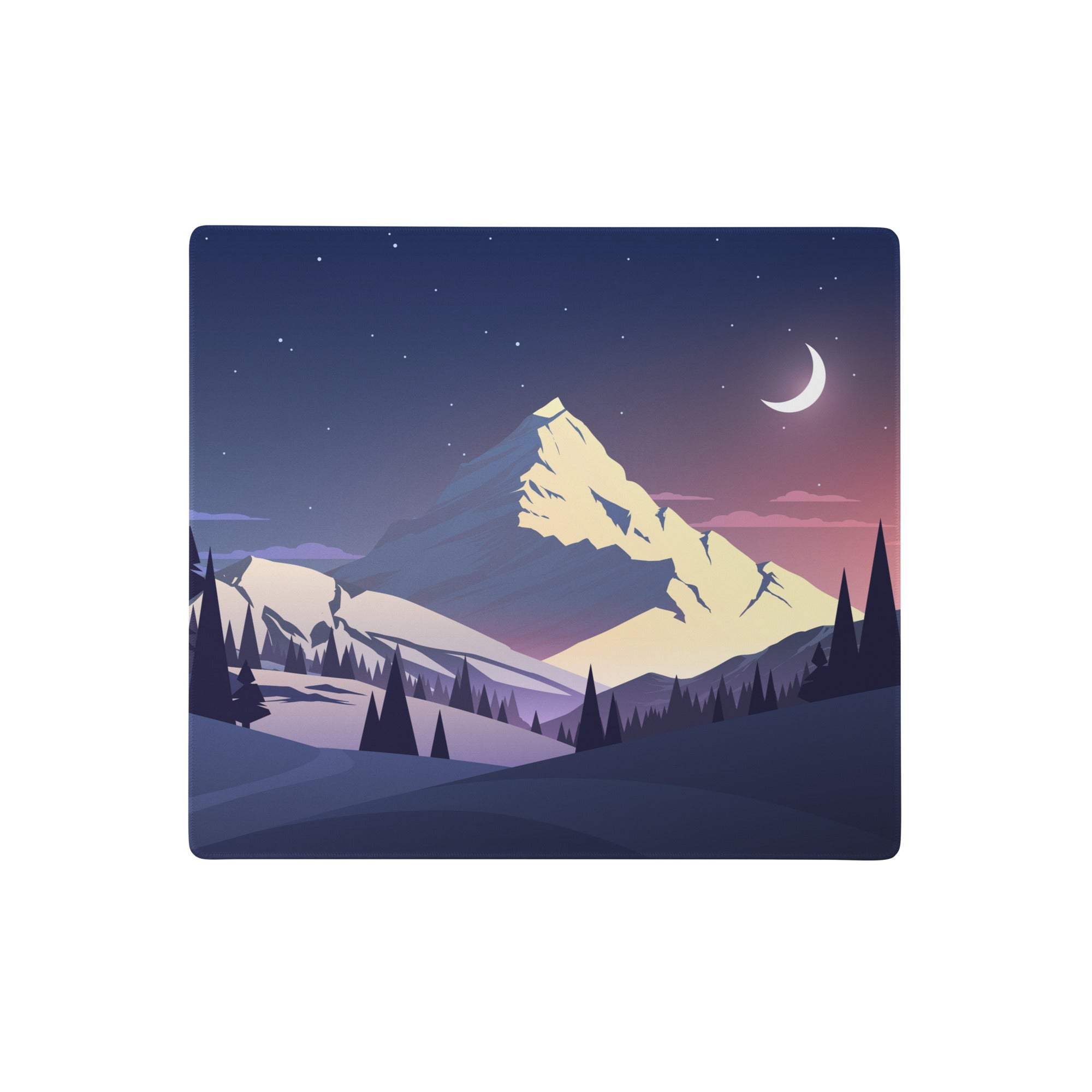 Night mountain vista gaming mouse pad with navy blue gradient featuring snow-capped peak under crescent moon