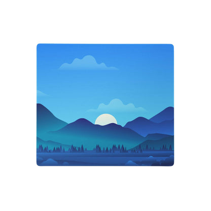Blue mountain oasis gaming mouse pad with layered peaks, soft gradient sky, glowing sun, and calming modern decor design