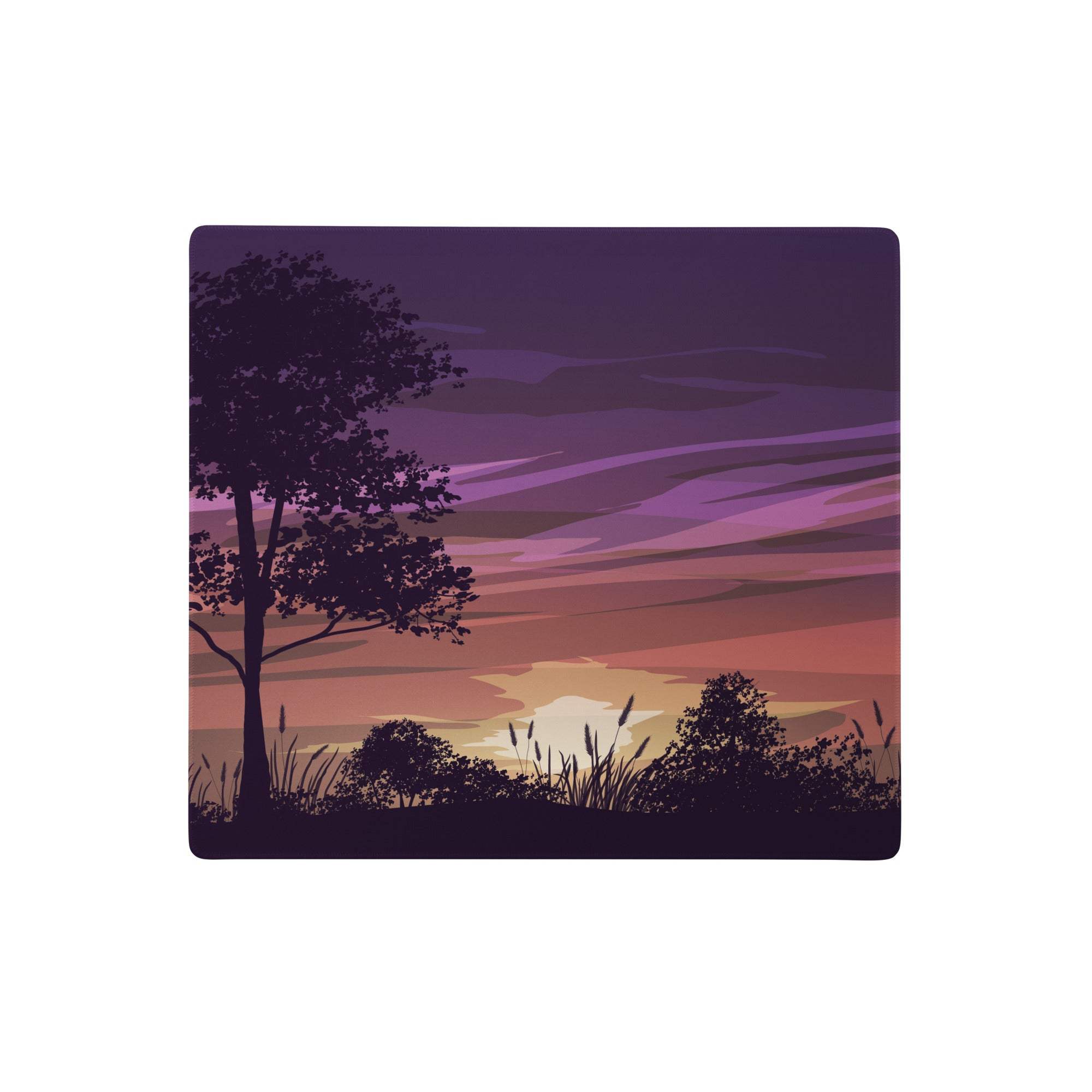 Sunset vista purple desk pad with purple and pink sunset gradient and silhouetted tree for modern desk decor
