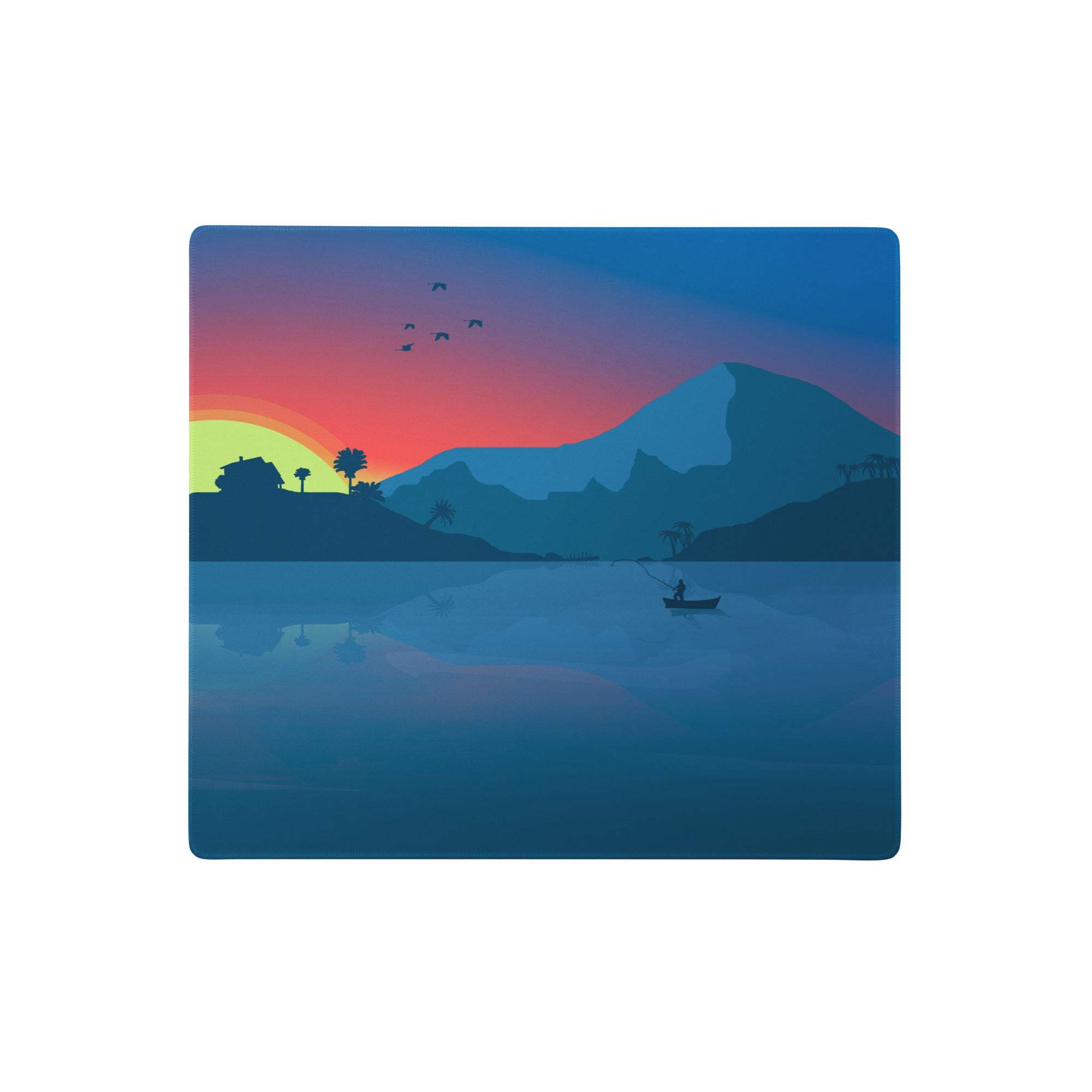 Calm coastal sunset gaming mouse pad with blue gradient featuring stylized sunset, mountains, birds, and a lone boat