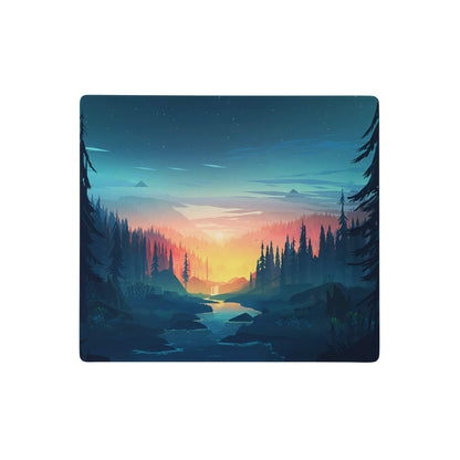 Forest sunset gaming mouse pad with teal blue serene forest and river illustration non slip modern desk decor