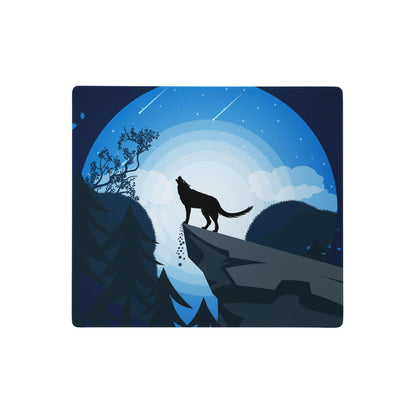 Blue and black illustrated mousepad with a howling wolf silhouette against a starry night sky featuring rainbows