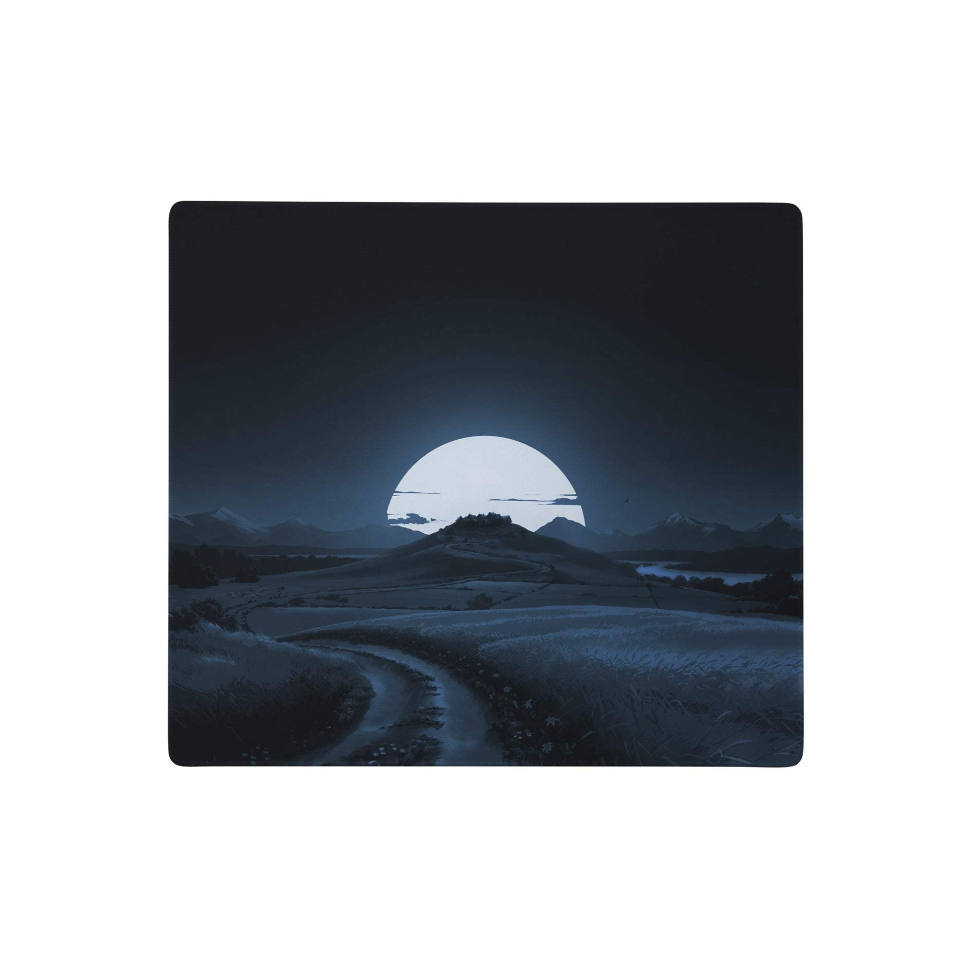 A square dark blue matte mousepad with a serene nocturnal landscape featuring a glowing moon and winding path