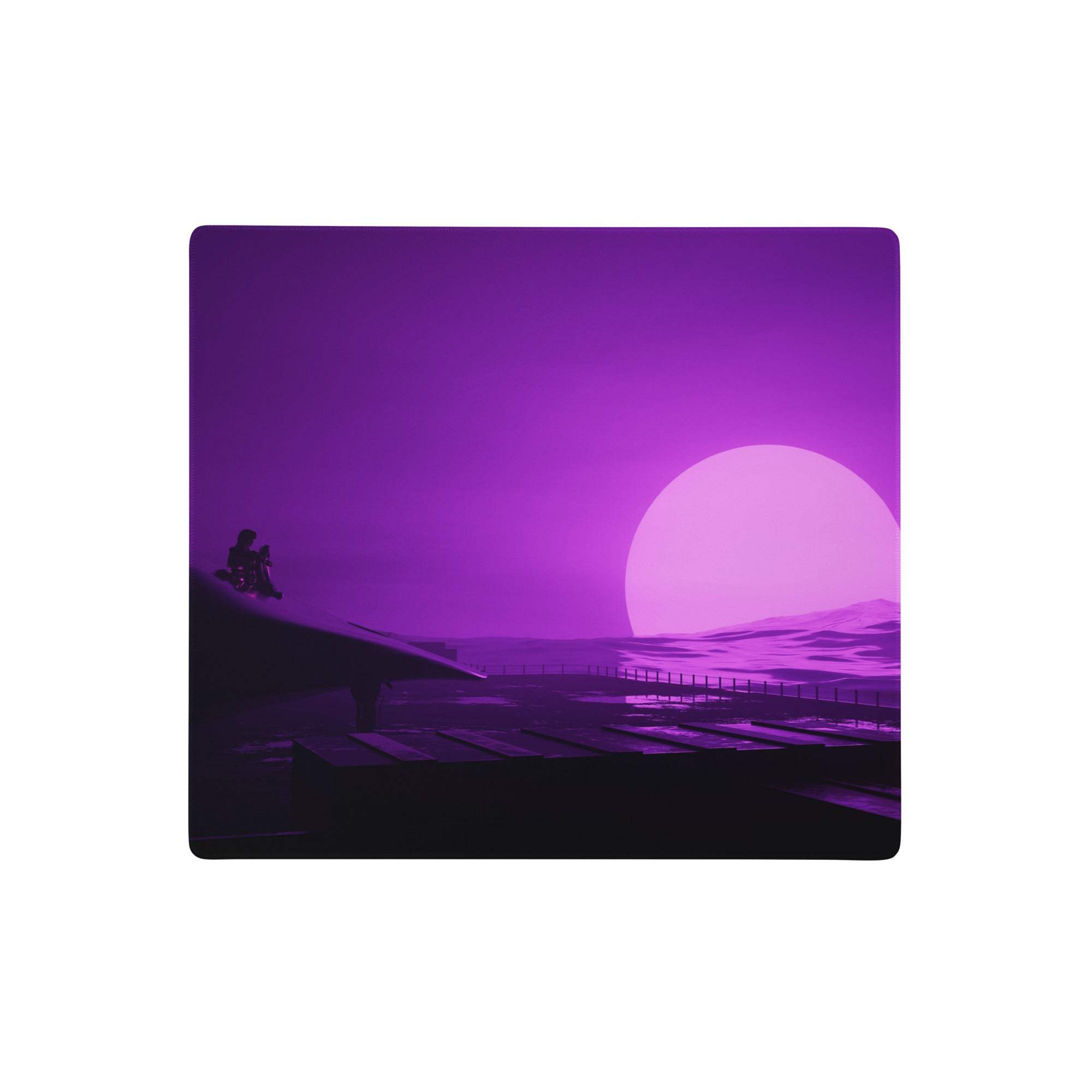 Purple sunset gaming pad featuring a purple gradient digital art mousepad with a silhouetted figure by a glowing pink sun