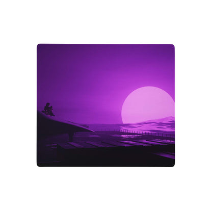 Purple sunset gaming pad featuring a purple gradient digital art mousepad with a silhouetted figure by a glowing pink sun