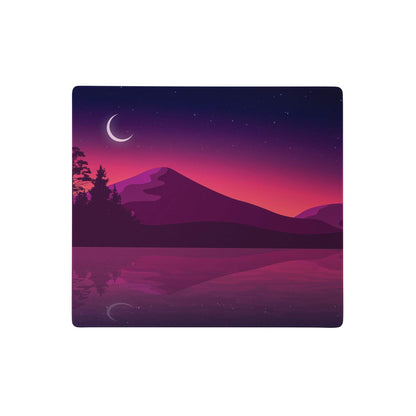 Purple twilight landscape gaming mouse pad with purple and pink gradient featuring crescent moon stars mountains trees and reflection