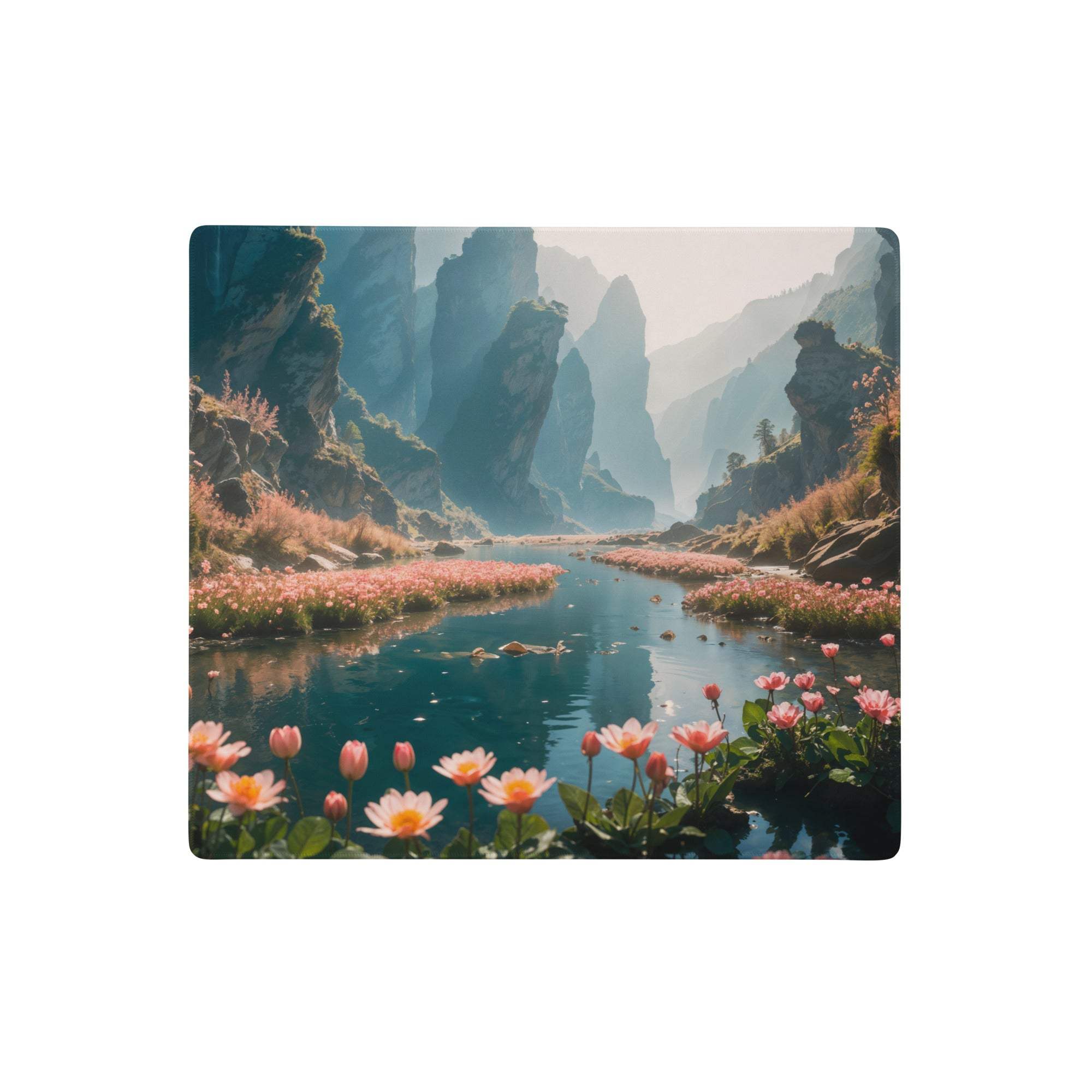 Rectangular desk mat featuring a serene mountain meadow landscape with pink water lilies and blue teal flowers for gaming