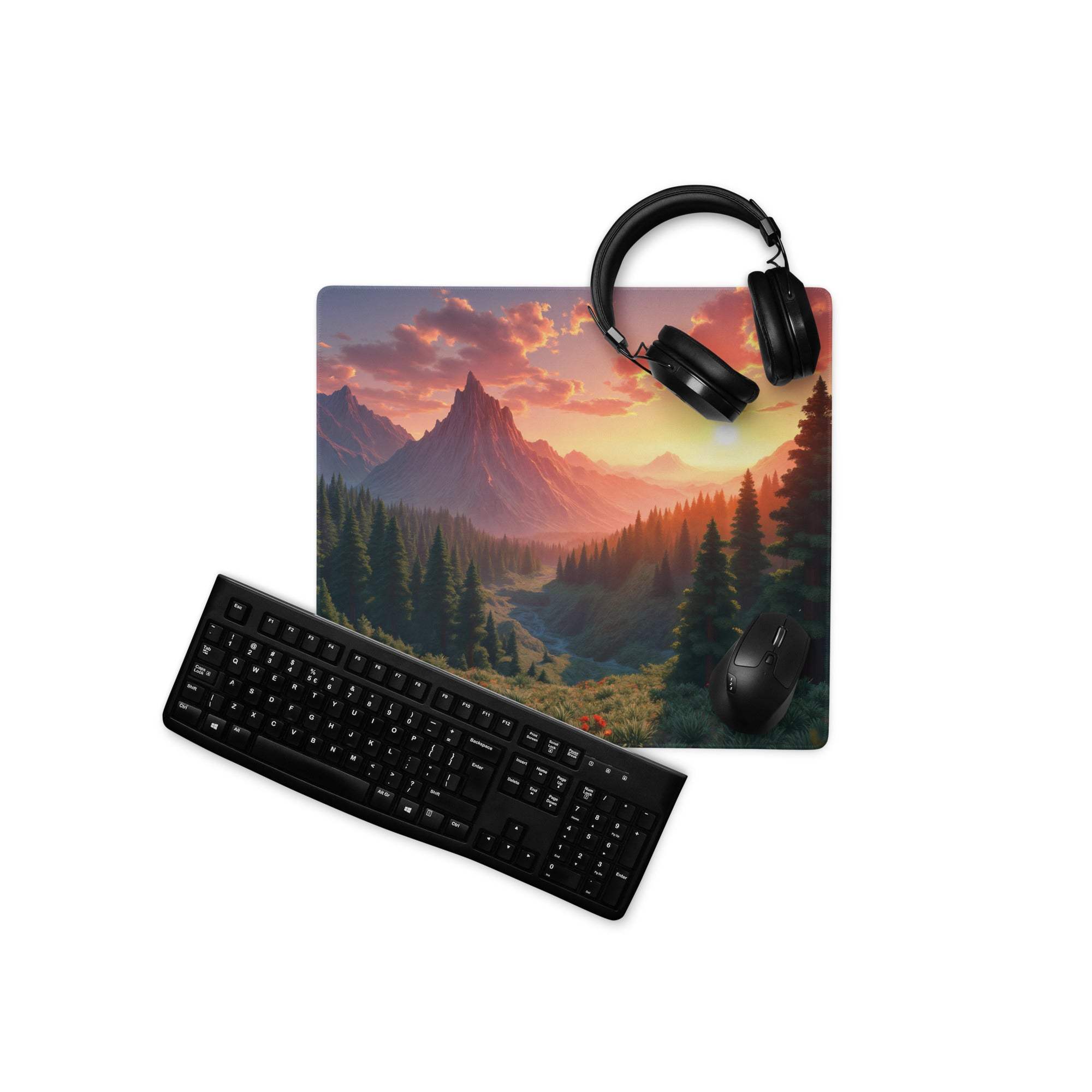 Vibrant sunset mountain landscape large gaming mouse pad with non-slip base