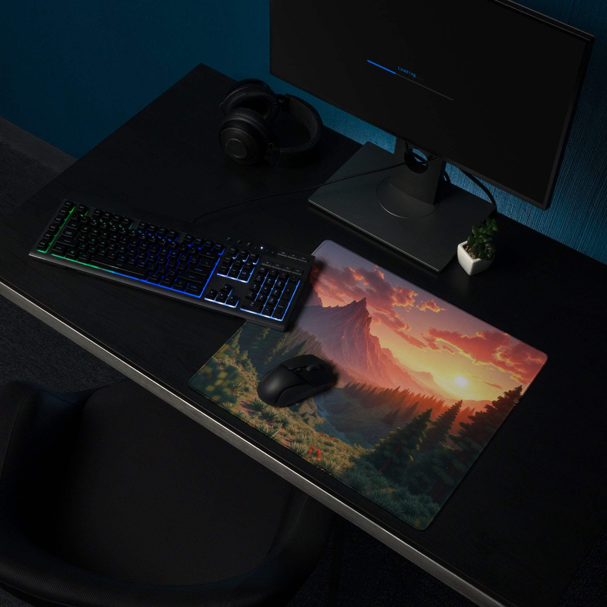 Vibrant sunset over mountains on large gaming mouse pad
