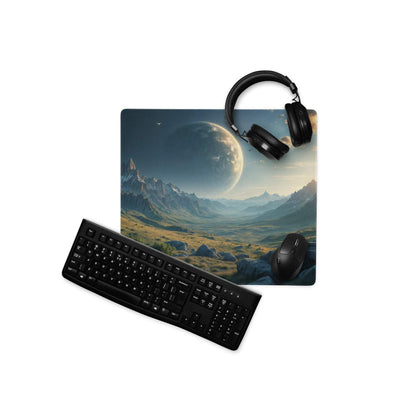 Epic sci-fi mountain landscape gaming mouse pad with celestial planet sunset