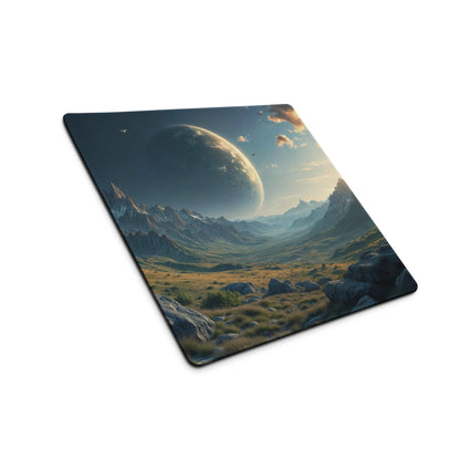 Epic sci-fi mountain landscape mouse pad with celestial planet sunset