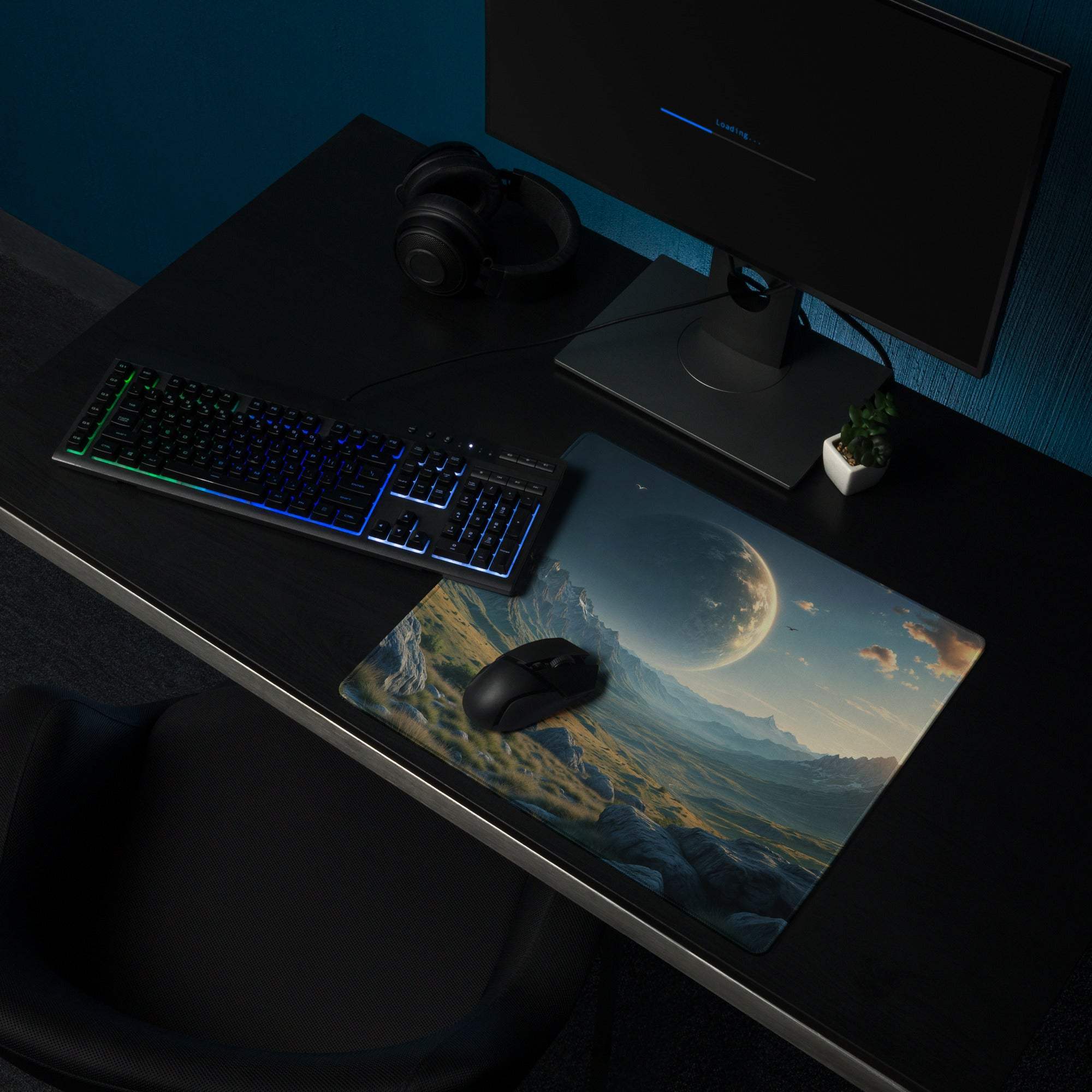 Epic sci-fi mountain landscape with celestial planet sunset gaming mouse pad