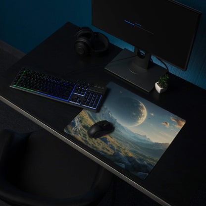 Epic sci-fi mountain landscape with celestial planet sunset gaming mouse pad