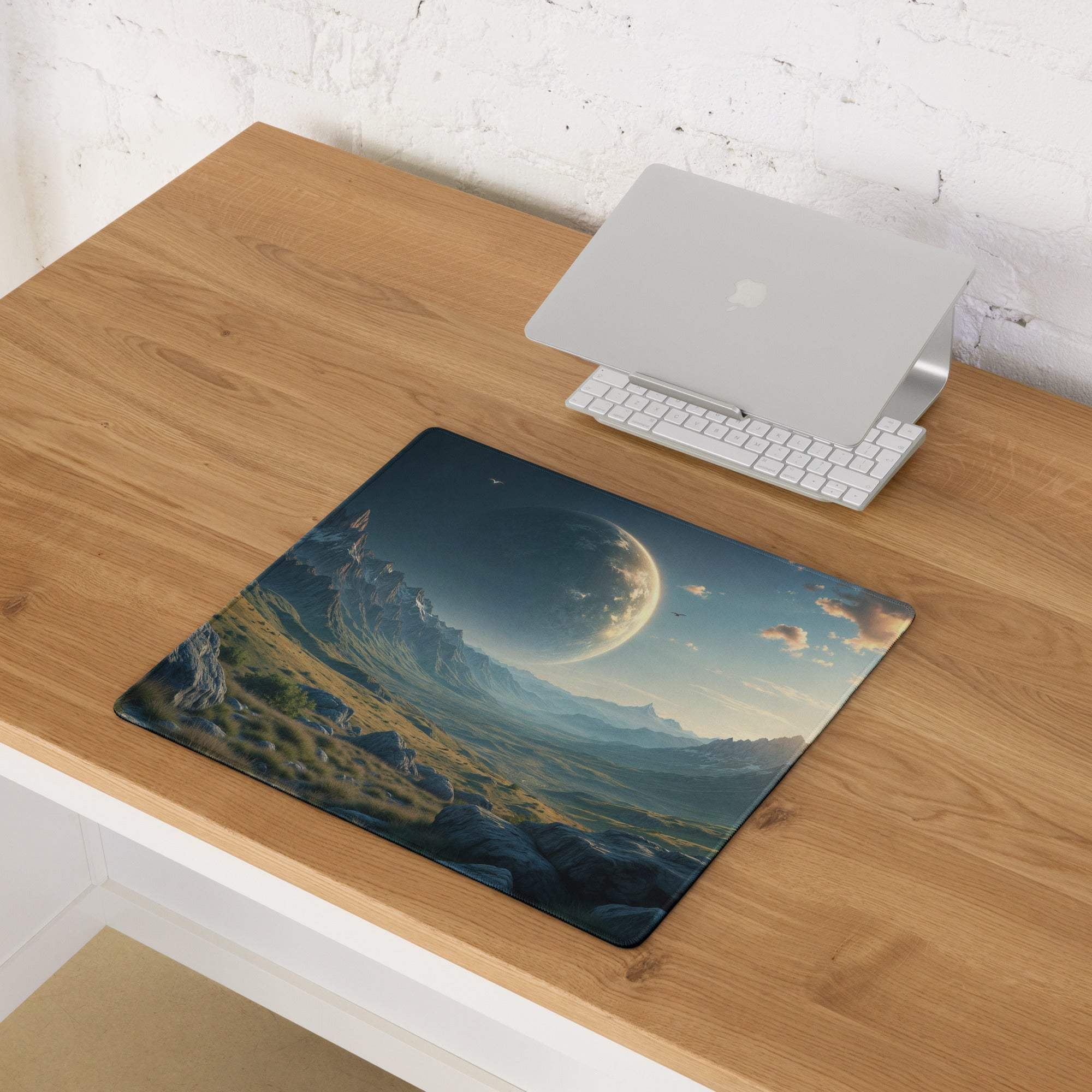 Epic sci-fi mountain landscape with celestial planet sunset gaming mouse pad
